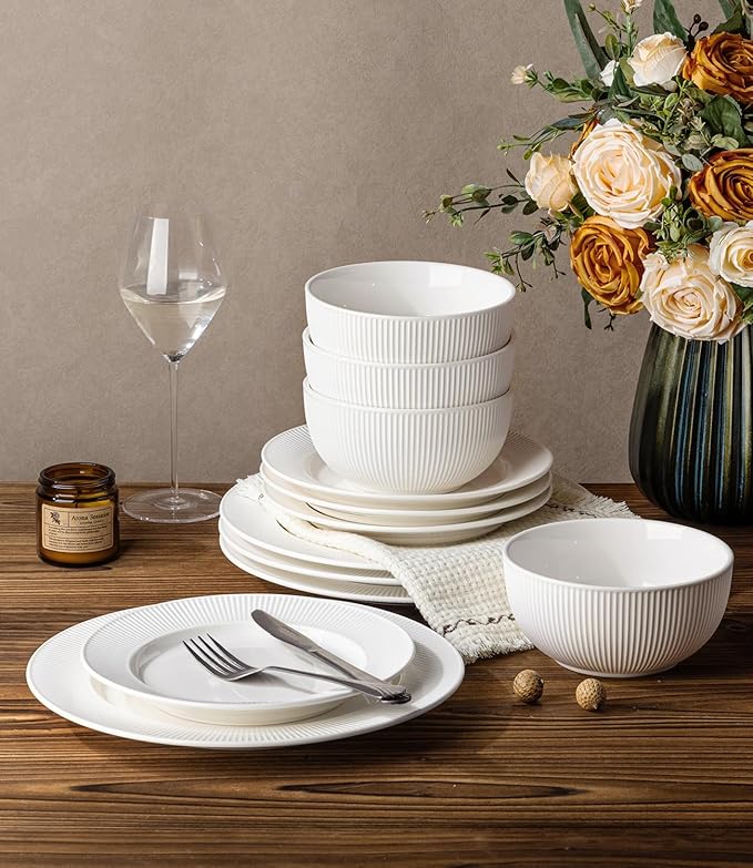 TheTerra Stoneware Dinnerware Sets for 6 18 Pieces Ceramic Plates and Bowls Sets Scratch Resistant Embossed Dish Set Oven Microwave &amp Dishwasher Safe Bright White