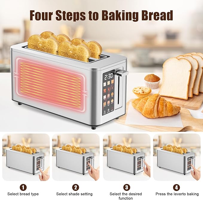 Touch Screen Toaster 4 Slice 4 Bread Types 4 Shade Settings LCD Display Extra Wide 1.5 Slots Memory Function 1400W16.54 * 8.66 * 7.48inch