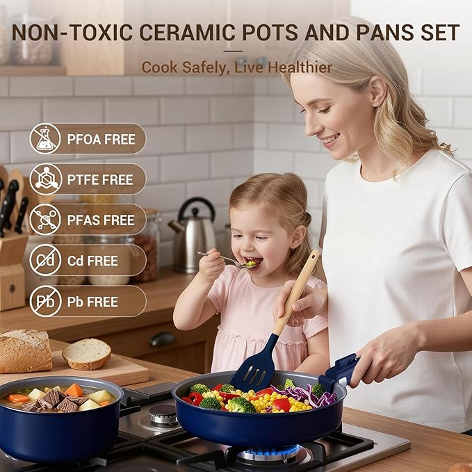 Ammeloo 18-Piece Ceramic Pots and Pans Set Non Stick Non Toxic Cookware Set with Removable Handles Pot Sets for Cooking Induction Ready Dishwasher &amp Oven Safe PFAS PFOA &amp PTFE Free (Navy