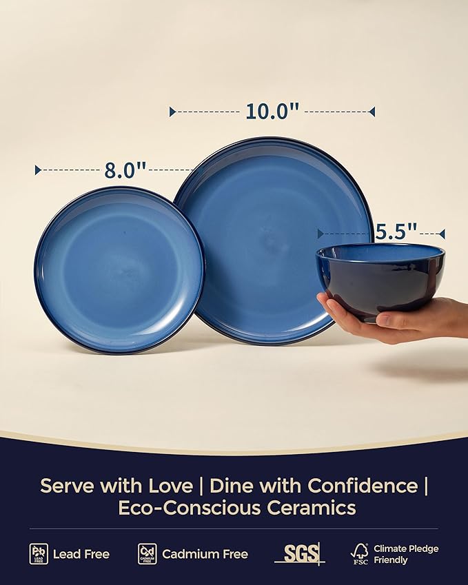 Blue Stoneware Dinnerware Set 12 pcs Reactive Glaze Plates and Bowls Sets Handmade Round Dishes Set for 4 Highly Chip and Crack Resistant Modern Plate Set