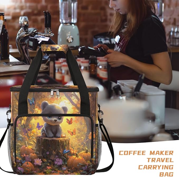 Cute Bear Pumpkin Butterfly Maple Leaf Coffee Maker Carring Bag Travel Carrying Storage Tote Bag Compatible with Keurig K-Mini or K-Mini Plus Portable Single Serve Coffee Brewer Case with Pockets