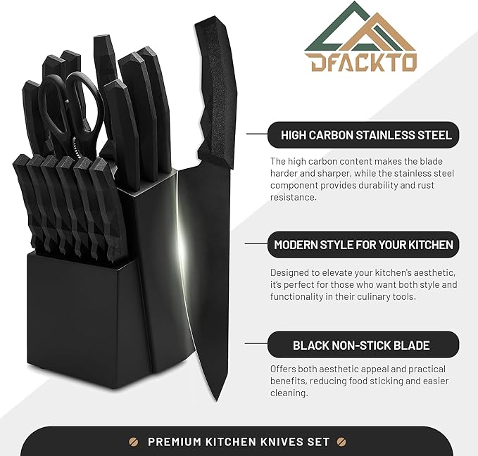 DFACKTO 15 Piece Matte Black Chef Knife Set with Sharpener and Block Modern Non-Slip Ergo Composite Handle Sharp Full-Tang High-Carbon Stainless Steel Blades Knives for kitchen