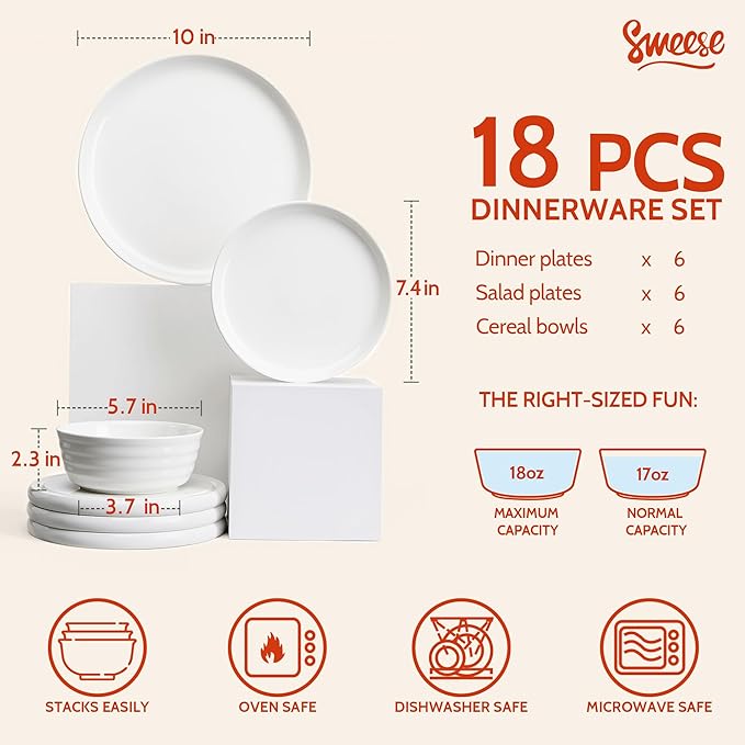 Sweese Plates and Bowls Sets18 Pieces Modern Porcelain Dinnerware Set for 6 Handcrafted Uniqe Dinner Set Ceramic Dishware Dishes Microwave and Dishwasher Safe White