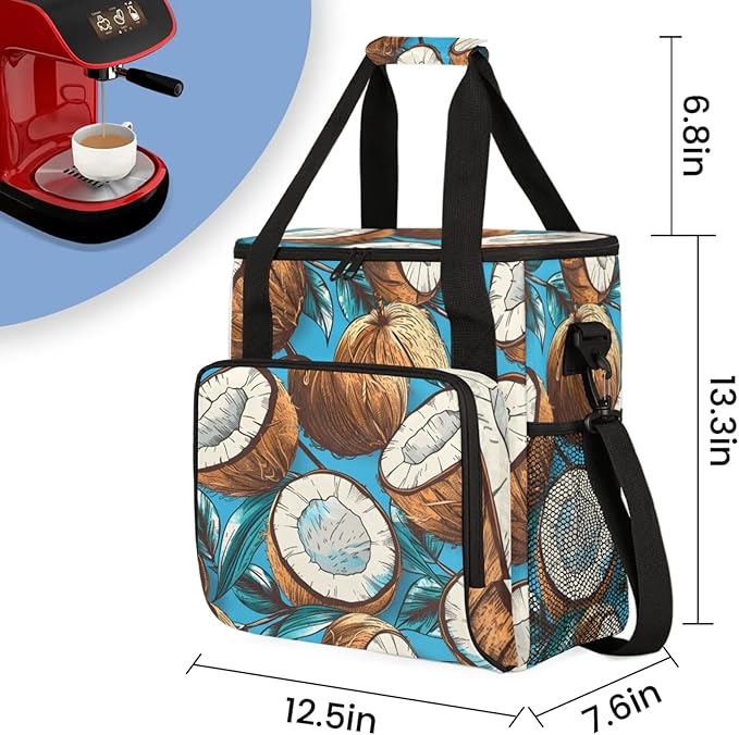 Coconuts Theme Coffee Maker Travel Bag for Keurig K-Mini/K-Mini Plus Insulated Waterproof Tote with Pockets for K-Cup Portable Single-Serve Brewer Case