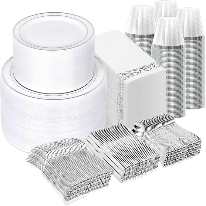 700 Piece Dinnerware Set for Wedding &amp Party100 Guest RimPlastic Plates100 Plastic Silverware100 Cups100 Linen Like Napkins (Rose Glod) lkj
