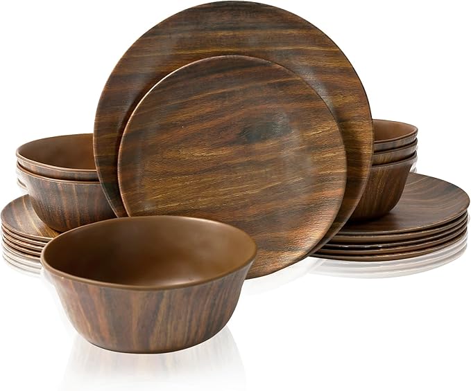 TP 18-Piece Dinnerware Set Melamine Dishes Set with Bowls and Plates Service for 6 Non-breakable Lightweight Dining Tableware Rosewood Grain