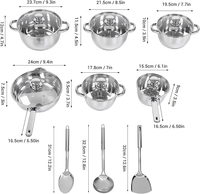Pssopp Cookware Cookware Set Kitchen Pots and Pans with Lids Shovel Spoons for Home Cooking 15Pcs Stainless Steel Stainless Steel Set