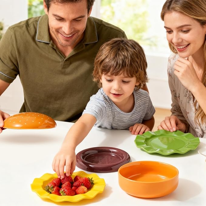 Burger Plate Set - Stackable Ceramic Dinnerware | Cute Appetizer Serving Plates with Smooth Glazed Finish Durable Oven Design &amp Space Saving Stackable Structure for Parties Picnics Home D