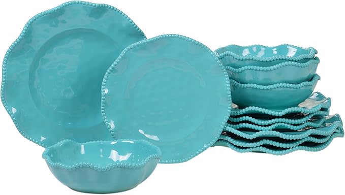 Perlette Teal 12 pc Melamine Dinnerware Set Service for 4