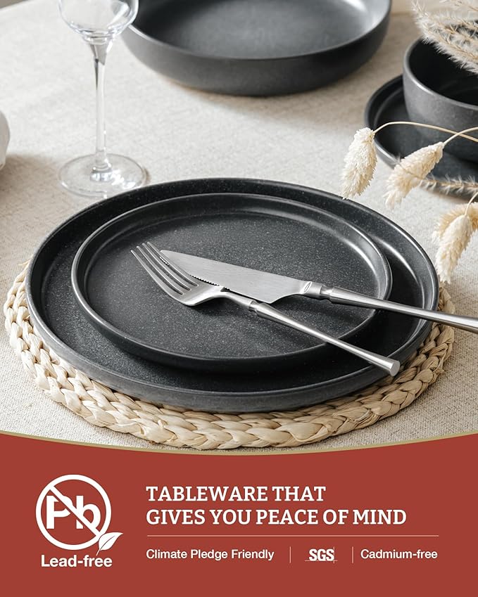 Famiware Milkyway Plates and Bowls Sets 24 Pieces Dinnerware Sets Reactive Glaze Dish Set Stoneware Dishes Set for 8 Matte Dark Charcoal