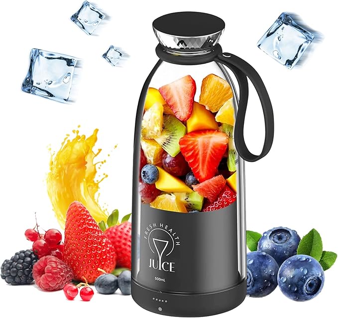 Portable Blender 500ML Personal Blender for Shakes and Smoothies Traveling Fruit Veggie Juicer Cup USB Rechargeable with Six Blades for Sports Travel and Outdoors (black)