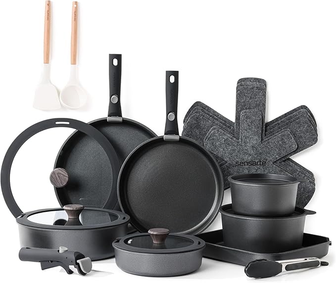 SENSARTE 24 Piece Pots and Pans Set Nonstick Detachable Handle Cookware Induction Kitchen Cookware Set with Removable Handle Healthy Non Stick for RV Dishwasher＆Oven Safe (Black)