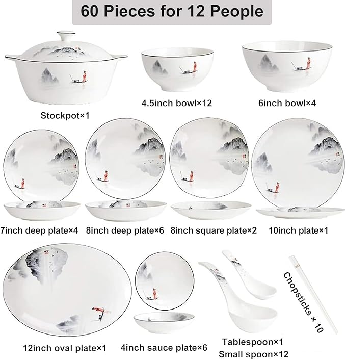 60-Piece Plates and Bowls Sets Scratch Resistant Dish Set Ceramic Kitchen Dinnerware Set Dishwasher &amp Microwave Safe Bowl and Plate Set Reusable Easy to Clean Tableware Set Service for 12