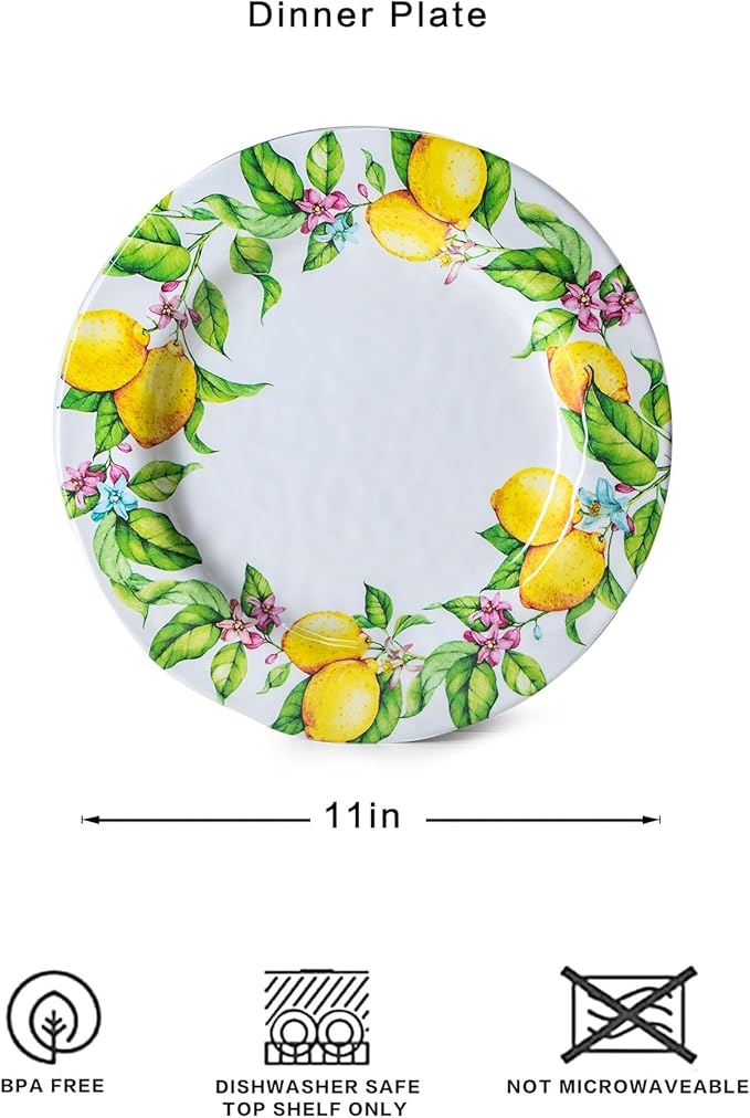 LEHAHA Melamine Dinner Plate Set of 6 11” inch Lemon Plates Set BPA Free Lightweight and Break Resistant Great for Parties RVs Picnic and Camping Trailer Dishwasher Safe