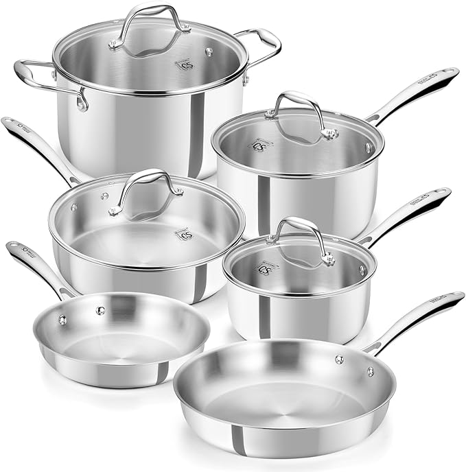 KOCH SYSTEME CS Tri-Ply Stainless Steel Cookware Set 10 Piece Professional 18/10 Stianless Steel Pots and Pans Set Oven &amp Induction Safe Non-Toxic Kitchen Cookware Set for Family Cooking 10pcs