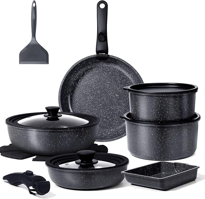 GiPP Ceramic Pots and Pans Set Non Stick Nonstick Detachable Handle Cookware Sets Healthy Non Toxic PFAS PFOA &amp PTFE Free Dishwasher ＆Oven Safe Induction Kitchen Pot and Pan 17 Piece Gray