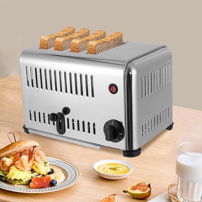 Electric Stainless Steel Pop-up Toaster with 4 Wide Slots 1680W Countertop Bread Baking Machine with 2 ModesUS Plug1-5 Timer for Home Restaurant Bakery Dessert Store