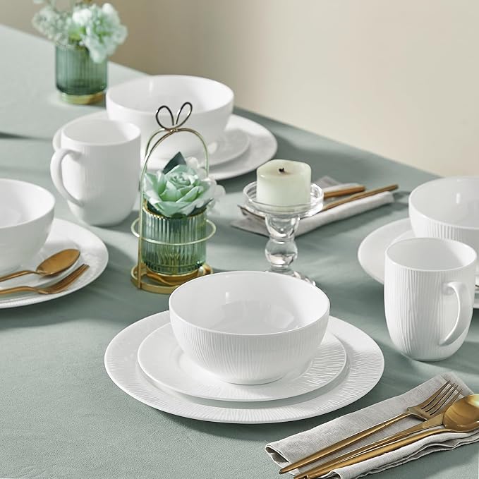 16Piece Bone China Dinnerware Set with Radial Stripe Texture Embossed Plates Bowls mugs Chip-Resistant Lightweight Elegant and Durable Service for 4 White