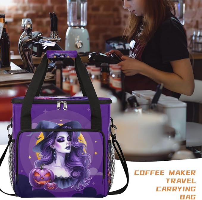 Halloween Witch Pumpkin Moon Coffee Maker Carring Bag Travel Carrying Storage Tote Bag Compatible with Keurig K-Mini or K-Mini Plus Portable Single Serve Coffee Brewer Case with Pockets