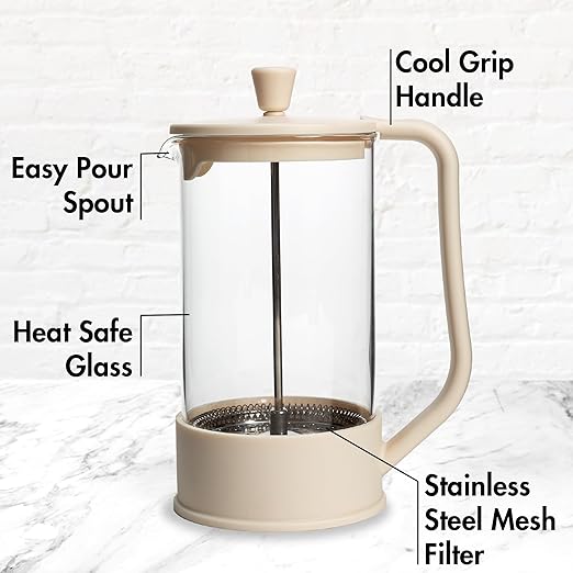 Primula French Press Coffee Maker Heat Resistant Borosilicate Glass with Stainless Steel Filters 8 Cup 34 oz Cream