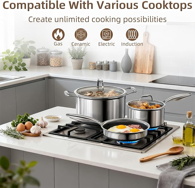 Yoehka 14-Piece Hybrid Stainless Steel Cookware Set Non-Stick Pots and Pans Set with 3 Silicone Trivets | Induction Compatible Frying Pans Saucepans Saute Pan &amp Stock Pot | Oven Dishwasher Safe