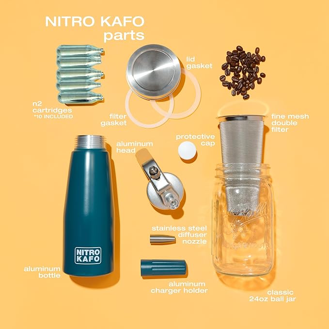 ICO 10pcs Nitrogen Cartridges N2 2g Non-Threaded Chargers and NITRO KAFO Nitro Coffee Maker &amp Cold Brew Maker 1 Quart/1L