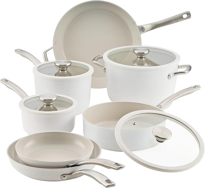 Circulon Halo with LaserDefense Ceramic Nonstick Pots and Pans with Lids Compatible with All Stovetops Made without PFAS Dishwasher and Oven Safe 11 Piece Cookware Set - Pearl White