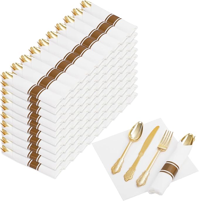 Nervure 400PCS Pre Rolled Gold Plastic Silverware Sets - Heavy Duty Fancy Gold Cutlery - Include 100 Pack Wrapped Disposable Utensils with Napkins for Parties Dinners &amp Weddings