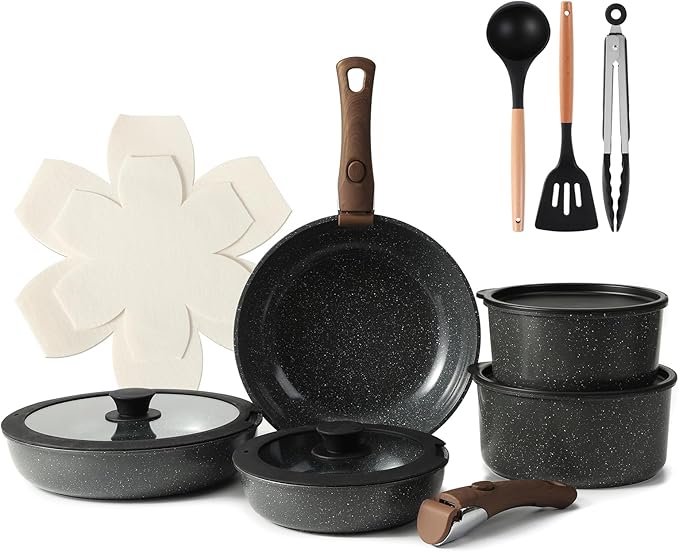 15PCS Ceramic Cookware Sets Detachable Handle Pots and Pans Set Non Stick (Black)