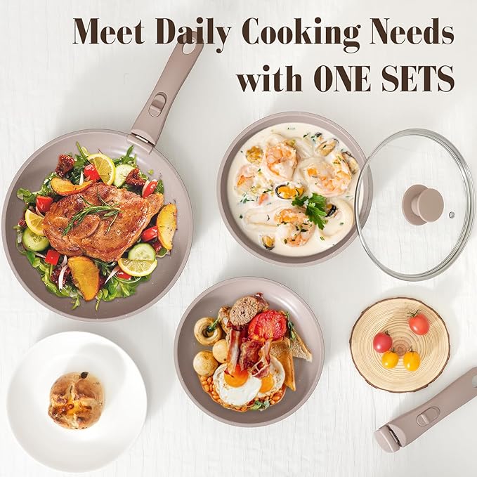 15Pcs Pots and Pans Set Non Stick Cookware Sets with Detachable Handle Nonstick RV Kitchen Cooking Tools Removable Handles Oven Safe Induction Fast Stackable Induction Cookware Brown