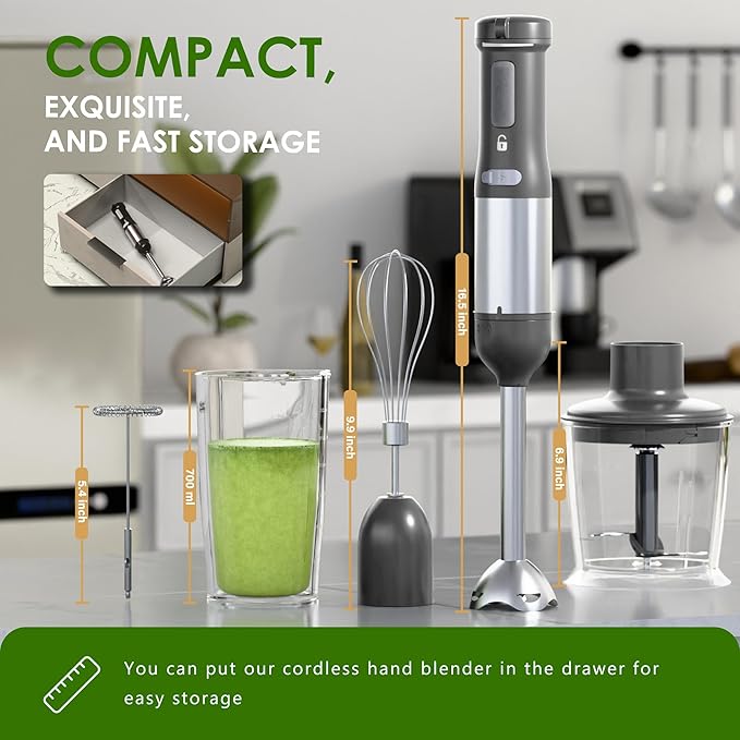 Cordless Immersion Hand Blender 5-in-1 Variable Speed blender handheldRechargeable with 2000mAh Battery BPA-Free &amp Dishwasher-Safe Accessories:700ml BeakerChopperWhisk &amp Milk FrotherGrey