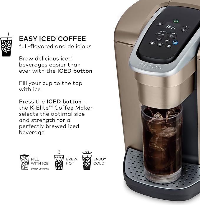 Keurig K-Elite Single Serve K-Cup Pod Coffee Maker with Strength and Temperature Control Iced Coffee Capability 8 to 12oz Brew Size Programmable Brushed Gold