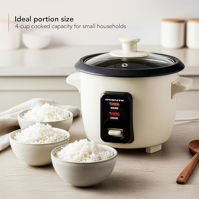 OVENTE Electric Rice Cooker 4-Cups (Cooked) with Removable Nonstick Pot Keep Warm Function Cooks Grain Oatmeal and Makes Soups Stews or Hot Cereals Includes Measuring Cup and Spatula Cream RC04C