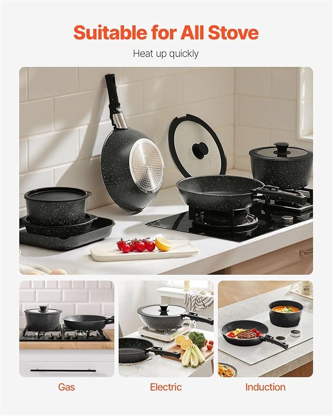 17 Piece Pots and Pans Set Nonstick Granite Cookware Induction Compatible Kitchen Cookware Set with Detachable Handles Black