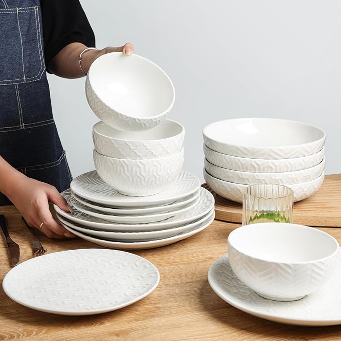 Sureasy 32 Pieces Dinnerware Sets for 8 Ceramic Plates and Bowls Sets Embossed Scratch Resistant Dinner Set Dishwasher &amp Microwave Safe White