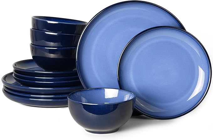 Blue Stoneware Dinnerware Set 12 pcs Reactive Glaze Plates and Bowls Sets Handmade Round Dishes Set for 4 Highly Chip and Crack Resistant Modern Plate Set