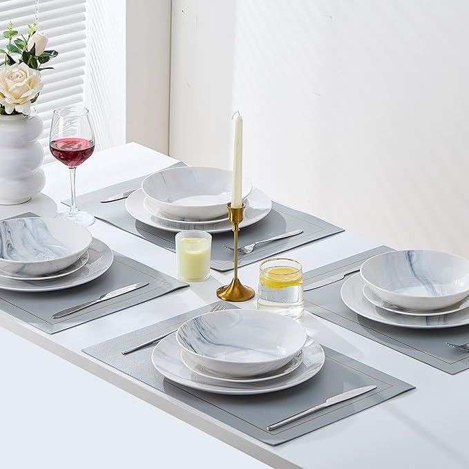 Bestone 12-Piece Round Kitchen Dinnerware Set Plates Bowls Service for 4 Blue and White Marble