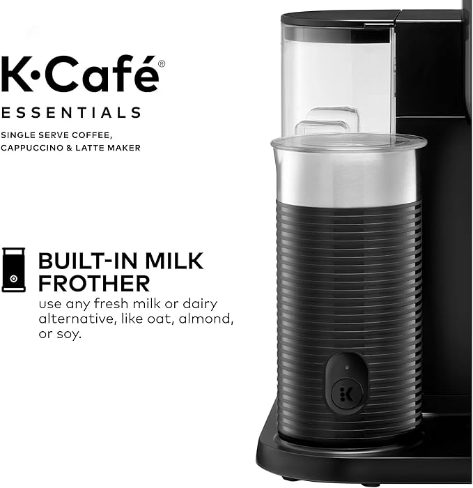 Single Serve Coffee Maker Built-In Milk Frother Latte &amp Cappuccino Brewer Espresso Shot 3 Brew Sizes 42 oz Water Reservoir Travel Mug Friendly Auto-Off Black Compact Design