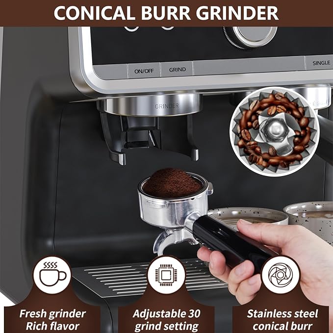 Semi-Automatic Espresso Machine with Built-in Grinder &amp Milk Frother - 20 Bar Pump 95Oz Removable Water Tank 30 Grind Settings Stainless Steel Coffee Maker for Latte/Cappuccino (Home &amp Offi