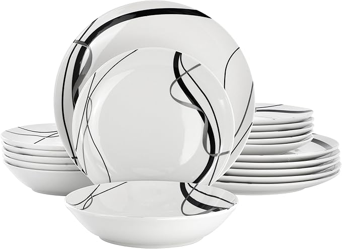 Elama Sarah 18 Piece Porcelain Ribbon Lined Dinnerware Set Service for 6 in White and Black