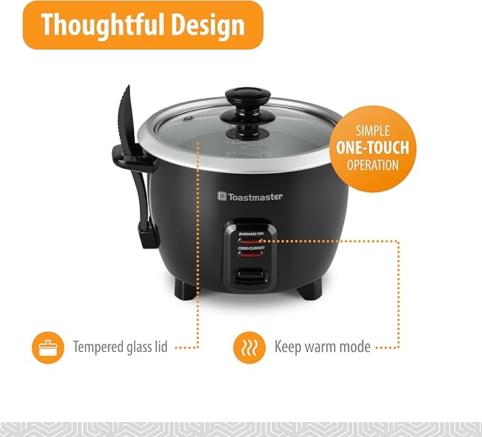 Toastmaster Electric Rice Cooker - Large Capacity for Soups Oatmeal &amp More - Automatic Rice Cooker with Tempered Glass Lid &amp Keep Warm Mode - 10-Cup Black