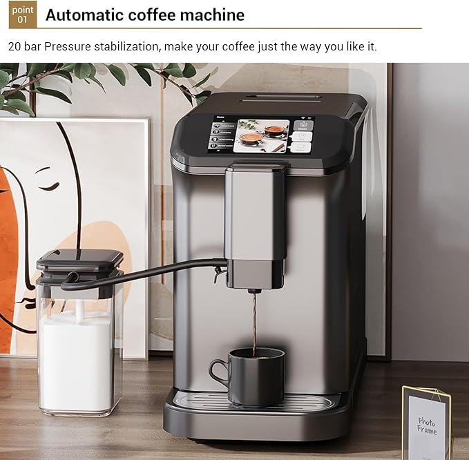 Espresso Machine Built-in Grinder Coffee Maker with TFT Color Screen Automatic Milk Frother Coffee Machine 20 Bar Pump + 15 Grind Settings 1.5L Water Tank + Auto Rinse 120V 1350W Star Gray