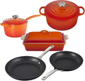 Le Creuset 8 Piece Multi-Purpose Enameled Cast Iron with SS Knobs Stoneware and Toughened Nonstick PRO Fry Pan Complete Cookware Set - Flame