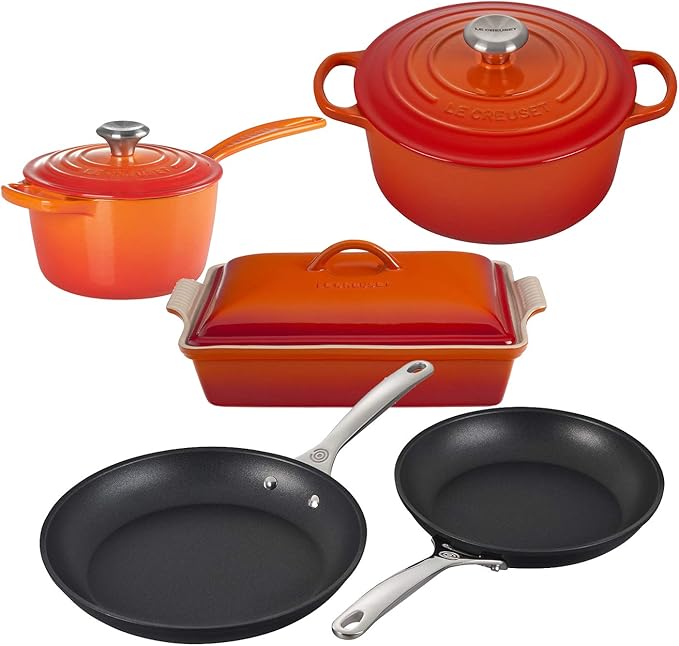 Le Creuset 8 Piece Multi-Purpose Enameled Cast Iron with SS Knobs Stoneware and Toughened Nonstick PRO Fry Pan Complete Cookware Set - Flame