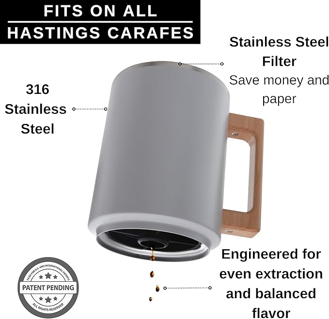 HASTINGS Pour Over Coffee Dripper - Stainless Steel Pour Over Coffee Filter Metal Paperless Reusable Double Mesh Cone Filter with Wood Handle - Coffee Maker for Single Cup Brew up to 68 OZ (Grey)