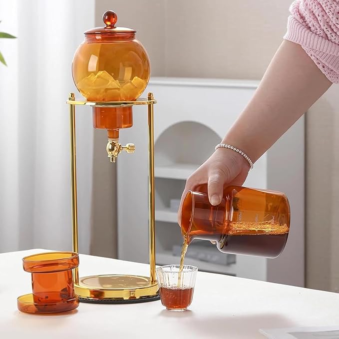 Cold Drip Coffee Maker 600ml Cold Brew Coffee Tower Slow Drip Technology Metal Bracket 600ml Large Capacity Borosilicate Glass Pot for Home Office 4-6 Cups