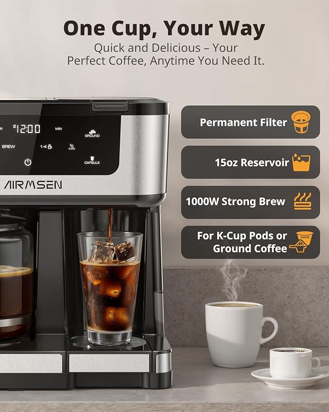 AIRMSEN 12-Cup Programmable Dual Coffee Maker – Single Serve Machine for K-Cup Pods &amp Ground 1000W Fast Brew Delay Start 2H Keep Warm Touchscreen 60oz Tank Glass Carafe – Home &amp Office