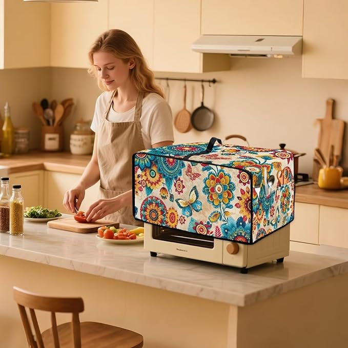 Boho Mandala Print Toaster Oven Cover Wide Slot Butterfly Print Bread Machine Cover with Side Pockets for Kitchen Counter Decorative 18.5 x 14.5 x 9 Green and Orange