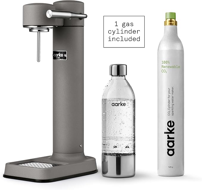 Aarke Carbonator lll with CO2 Cylinder Sparkling &amp Carbonation Water Machine Stainless Steel with PET BPA-Free Reusable Bottle Volume 1L/34 fl oz (Matte Grey)