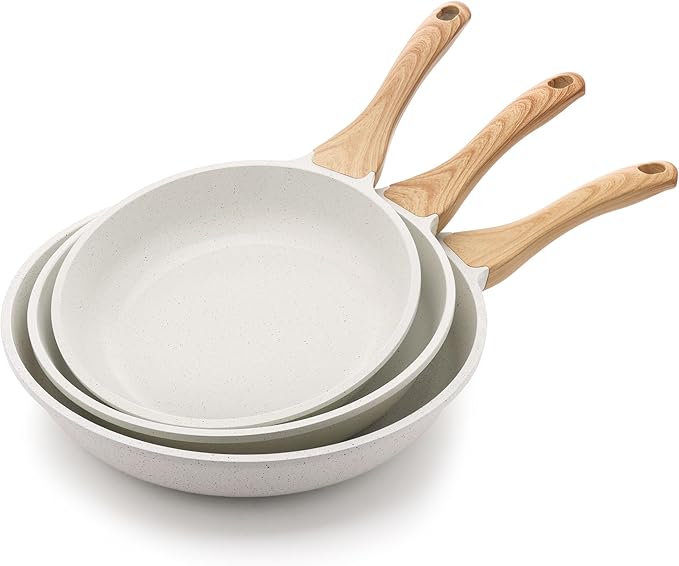 SENSARTE Nonstick Frying Pan Skillets White Ceramic Coating Omelette Pans Healthy Cookware Chef's Pan Free of PTFE &amp PFAS (9.5+11+12.5 Inch)